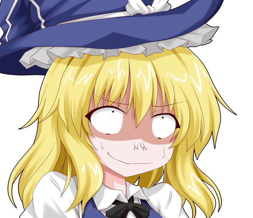 1girl blonde_hair bust forced_smile hat kirisame_marisa oden_(th-inaba) ribbon shirt short_hair simple_background solo sweatdrop touhou vest white_background witch_hat