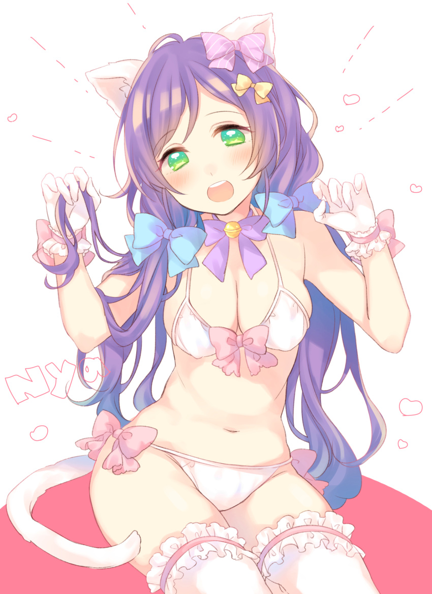 1girl alternate_costume animal_ears bikini blush bow breasts cat_ears cat_tail cleavage frilled_legwear gloves green_eyes hair_bow highres kemonomimi_mode long_hair love_live!_school_idol_project low_twintails navel nerunnn open_mouth paw_pose sitting solo swimsuit tail thigh-highs toujou_nozomi twintails very_long_hair white_bikini white_gloves white_swimsuit