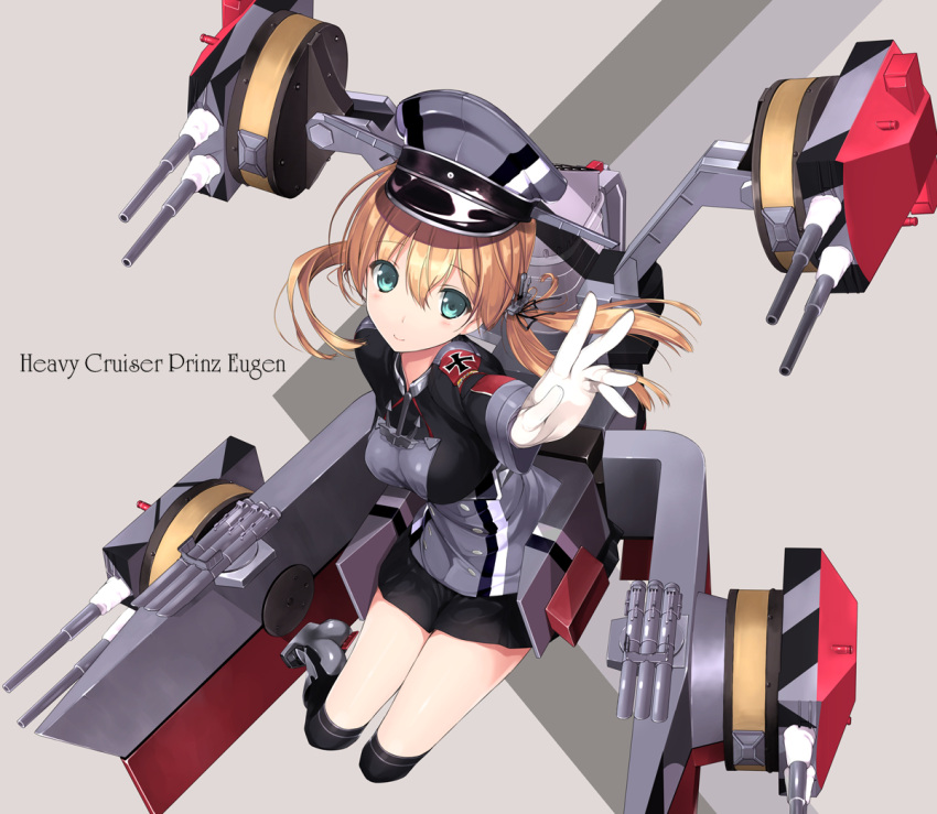 1girl anchor_hair_ornament aqua_eyes blonde_hair blush gloves hair_ornament hat iron_cross kantai_collection long_hair long_sleeves looking_at_viewer microskirt military military_uniform naruse_hirofumi peaked_cap prinz_eugen_(kantai_collection) simple_background skirt smile solo twintails uniform white_gloves