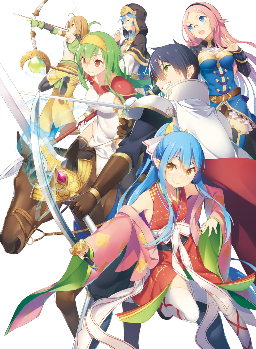 1boy 5girls ahoge black_hair blue_eyes blue_hair bow_(weapon) brown_eyes brown_hair character_request detached_sleeves glasses green_eyes green_hair grin hairband highres holding hood horseback_riding itsuwa_(lethal-kemomimi) japanese_clothes katana long_hair multiple_girls open_mouth pink_hair pointy_ears ponytail red_eyes riding sennen_sensou_aigis short_hair smile staff sword weapon yellow_eyes