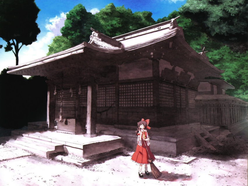 architecture box broom clouds donation_box east_asian_architecture forest hakurei_reimu hakurei_shrine looking_up nature rope shide shimenawa shrine sky stairs sweeping touhou tree