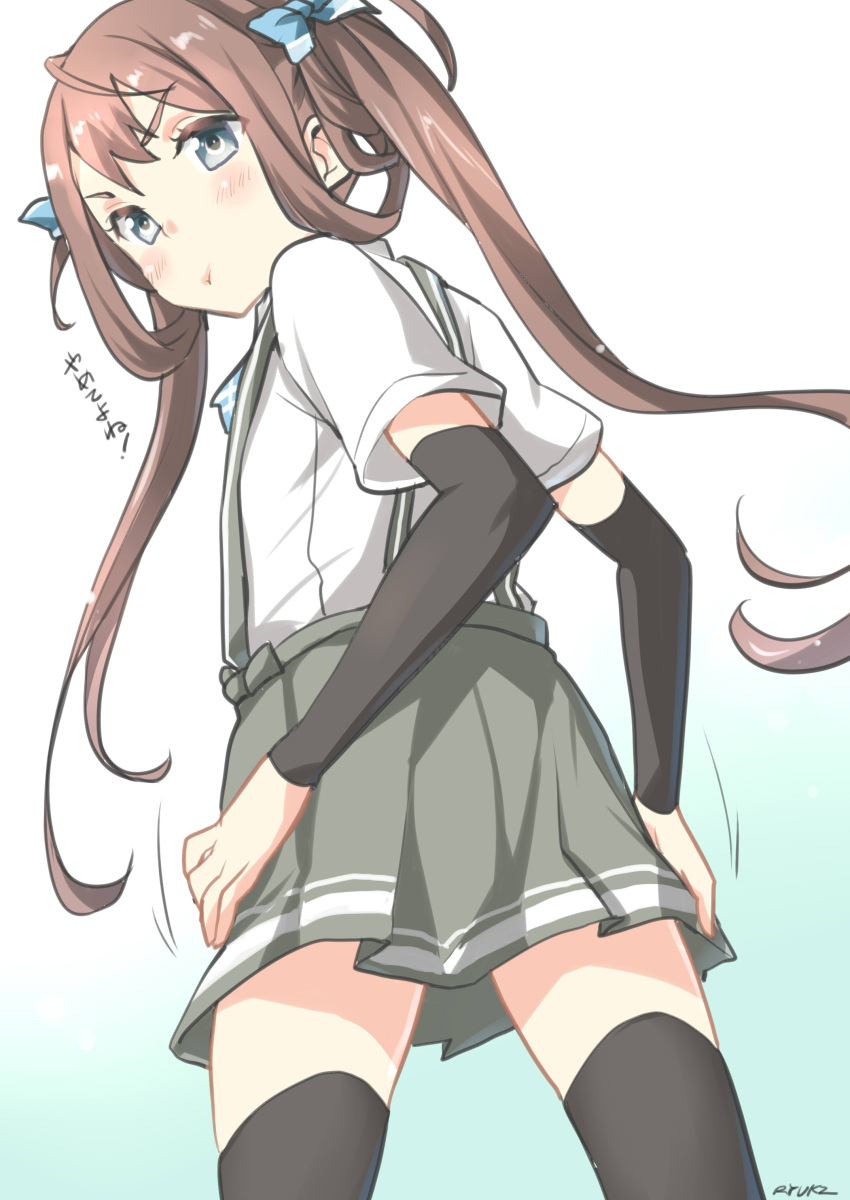 1girl absurdres arm_warmers artist_name asagumo_(kantai_collection) blush brown_hair cowboy_shot from_behind highres kantai_collection long_hair looking_at_viewer looking_back pout ryuki_(ryukisukune) school_uniform short_sleeves solo thigh-highs twintails very_long_hair zettai_ryouiki