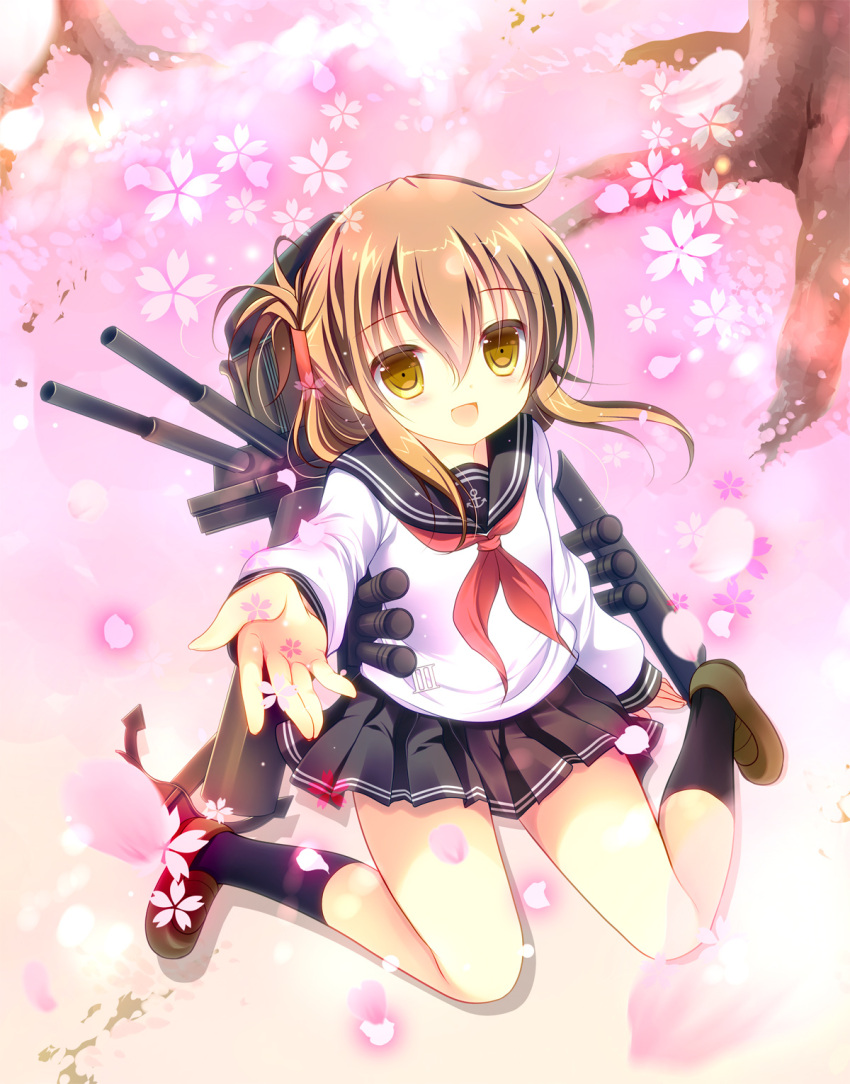 1girl :d black_legwear brown_hair cherry_blossoms folded_ponytail highres inazuma_(kantai_collection) kantai_collection looking_at_viewer machinery open_mouth petals pleated_skirt school_uniform serafuku shirogane_hina shoes sitting skirt smile solo turret yellow_eyes
