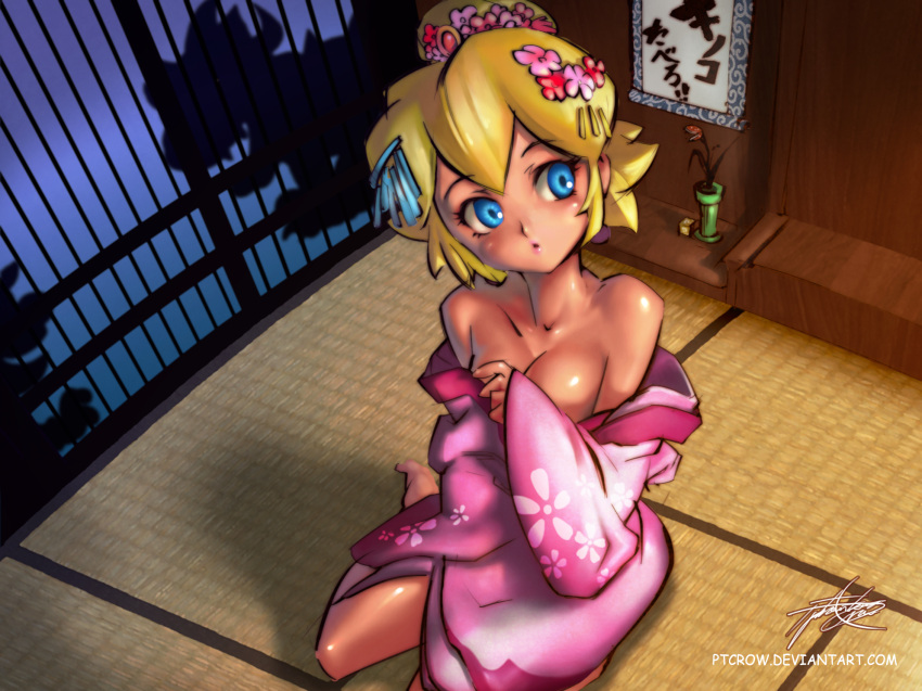 1girl alternate_costume alternate_hair_length alternate_hairstyle barefoot blonde_hair blue_eyes breasts cleavage flower hair_bun hair_flower hair_ornament highres japanese_clothes kimono making_of min_chan-wook off_shoulder princess_peach puckered_lips shiny shiny_skin short_hair shouji signature silhouette sitting sliding_doors solo super_mario_bros. tatami watermark web_address yokozuwari