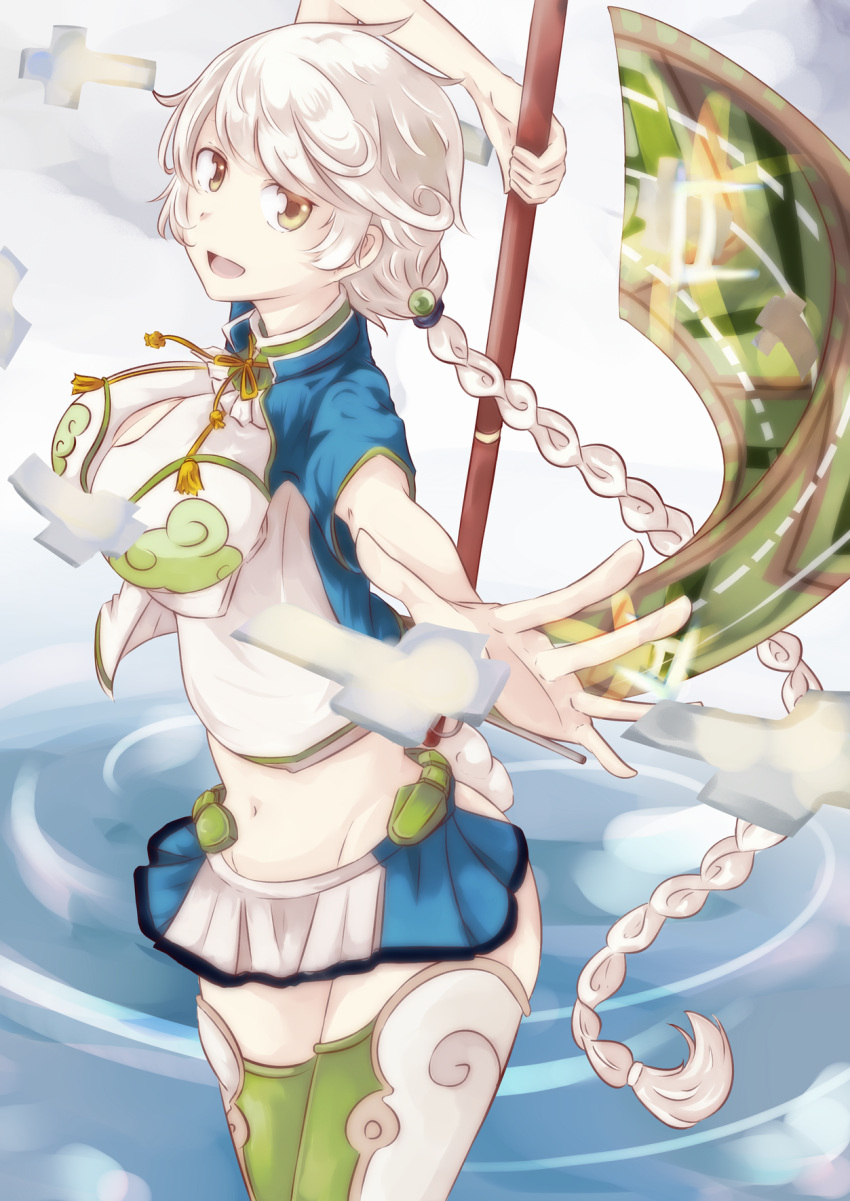 1girl braid breasts brown_eyes cleavage_cutout cloud_print crop_top green_legwear hair_ornament highres kantai_collection large_breasts long_hair looking_at_viewer midriff outstretched_arm pleated_skirt pov pov_eye_contact short_sleeves silver_hair single_braid skirt smile solo staff thigh-highs unryuu_(kantai_collection) very_long_hair wavy_hair zettai_ryouiki