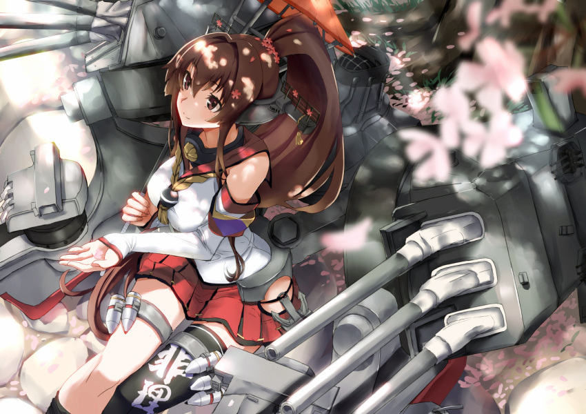 1girl brown_eyes brown_hair cherry_blossoms detached_sleeves holding kantai_collection long_hair machinery oriental_umbrella petals pleated_skirt ponytail sitting skirt smile solo tree_shade tsuuhan turret umbrella yamato_(kantai_collection)