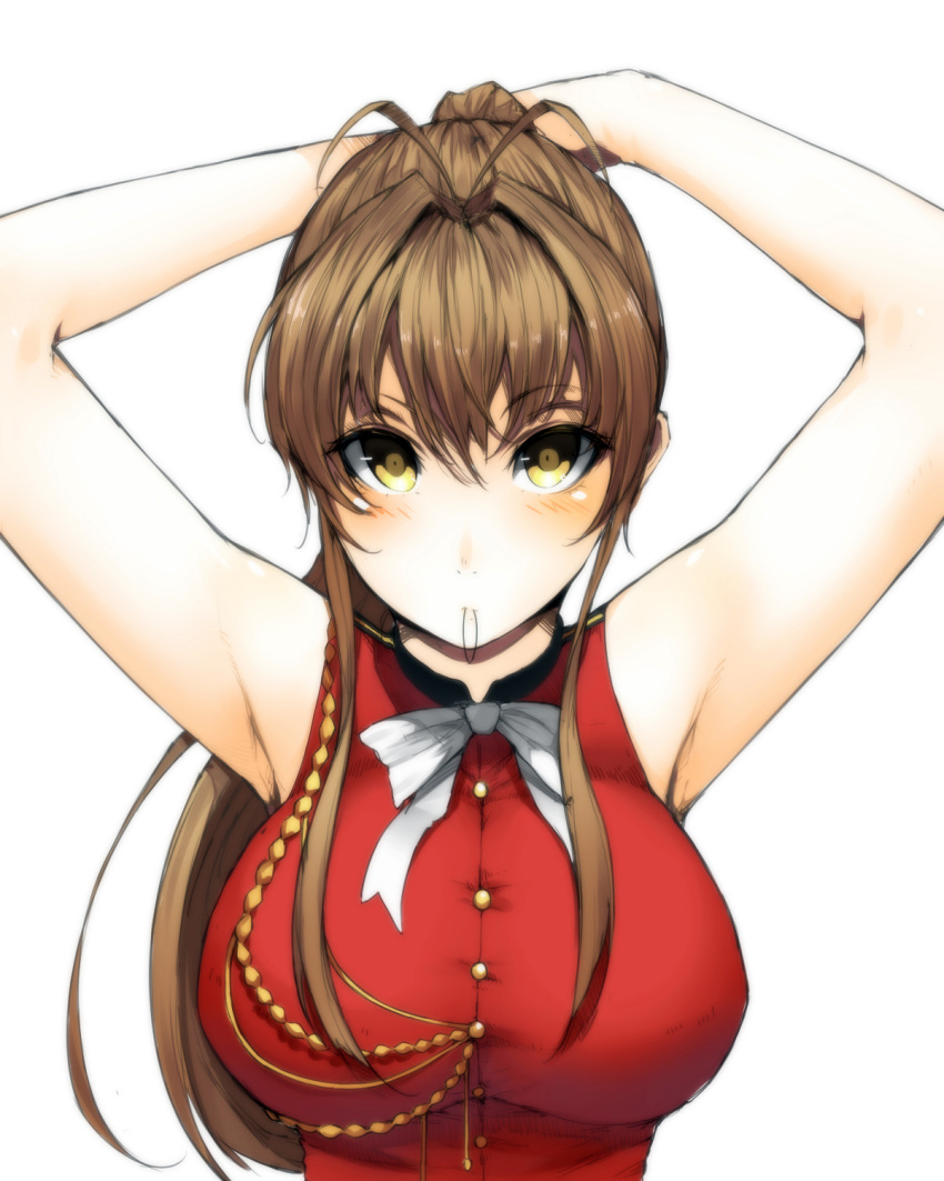1girl adjusting_hair amagi_brilliant_park andrew1998 antenna_hair armpits arms_up blush bow breasts brown_hair bust highres large_breasts long_hair looking_at_viewer mouth_hold ponytail sento_isuzu solo tying_hair yellow_eyes