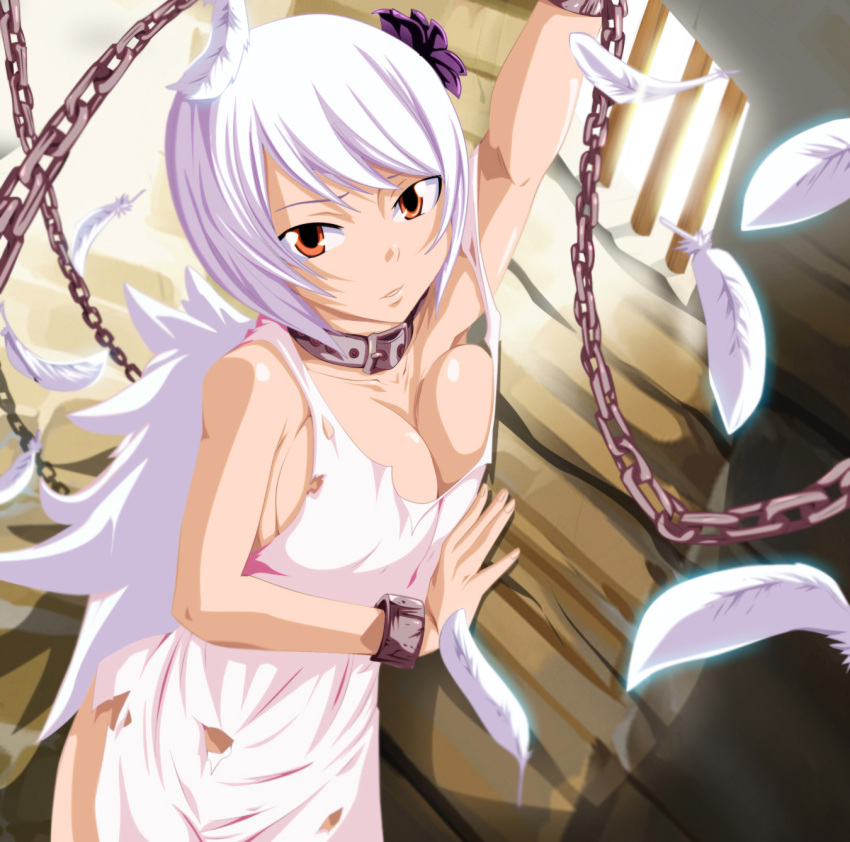 1girl angel_wings breasts brown_eyes chain cleavage collar collarbone cuffs fairy_tail flower flower_on_head grimm6jack hair_ornament handcuffs highres large_breasts looking_at_viewer open_mouth parted_lips prison prison_cell prisoner short_hair silver_hair solo torn_clothes wings yukino_aguria