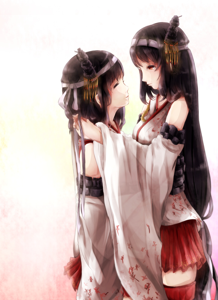 2girls absurdly_long_hair absurdres ao-happy black_hair blush closed_eyes detached_sleeves fusou_(kantai_collection) gradient gradient_background hair_ornament headband highres hug kantai_collection long_hair looking_at_another microskirt multiple_girls nontraditional_miko pleated_skirt red_eyes ribbon-trimmed_sleeves ribbon_trim short_hair skirt smile thigh-highs very_long_hair wide_sleeves yamashiro_(kantai_collection) yuri zettai_ryouiki