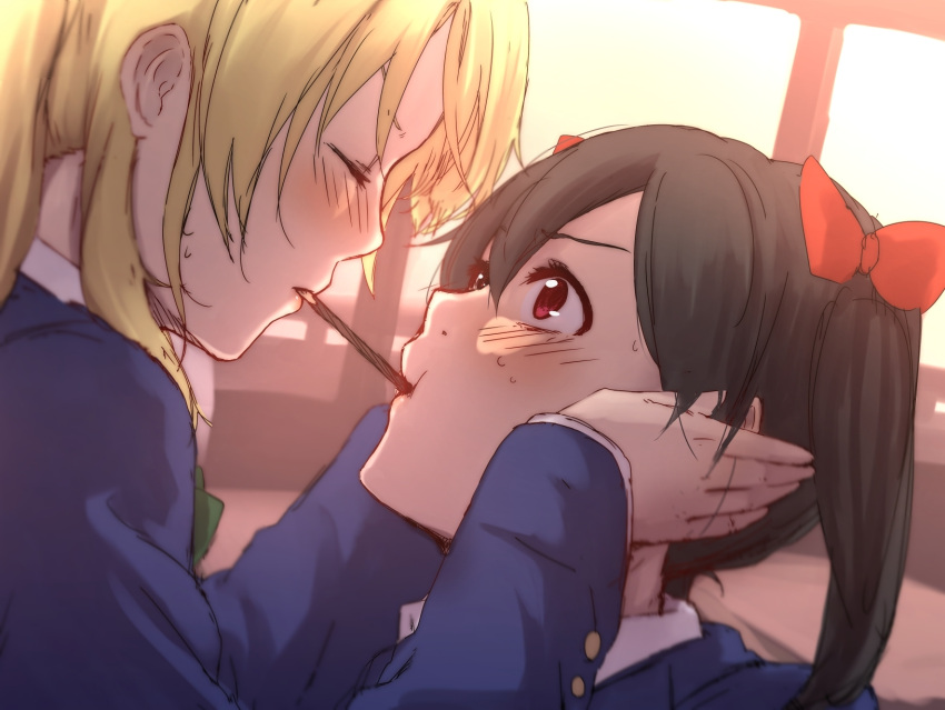 2girls ayase_eli black_hair blonde_hair bow face_hold hair_bow height_difference highres long_hair looking_at_another love_live!_school_idol_project multiple_girls pocky pocky_day pocky_kiss ponytail red_eyes school_uniform scrunchie shared_food terimayo twintails yazawa_nico