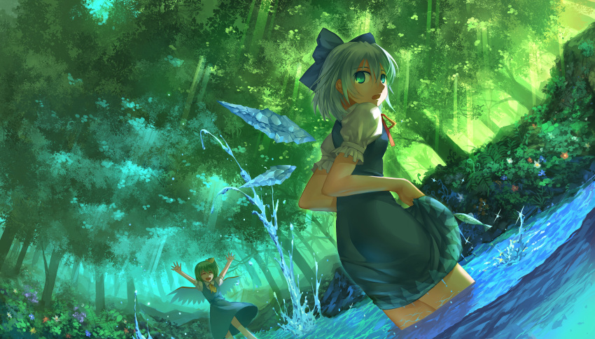 2girls absurdres aqua_eyes ascot blue_dress blue_hair breasts cirno closed_eyes daiyousei dress dress_lift fairy_wings fish flower forest green_hair hair_bobbles hair_ornament highres ice ice_wings madcocoon multiple_girls nature open_mouth puffy_short_sleeves puffy_sleeves shirt short_sleeves sideboob silver_hair smile sparkle splashing touhou water wings