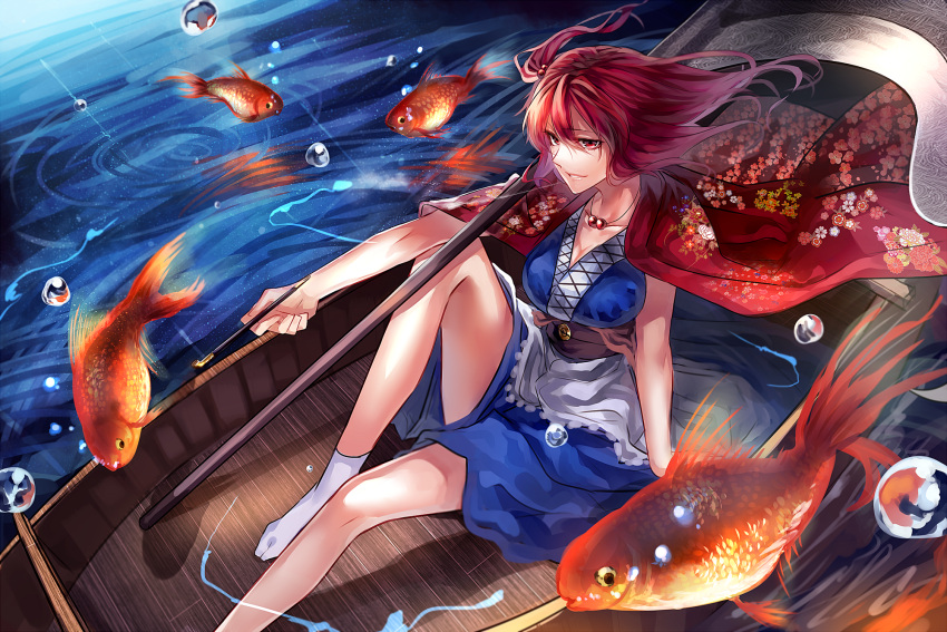 &gt;:) 1girl boat breasts cape cleavage fish hair_bobbles hair_ornament highres holding looking_at_viewer onozuka_komachi red_eyes redhead scythe sitting smoking_pipe solo touhou two_side_up uu_uu_zan wind