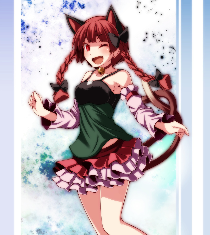 1girl ;d alternate_costume animal_ears bare_legs bell bell_choker blush bow braid breasts casual cat_ears cat_tail choker contemporary detached_sleeves extra_ears fang hair_bow highres kaenbyou_rin long_hair looking_at_viewer multiple_tails one_eye_closed open_mouth red_eyes redhead s-syogo skirt slit_pupils smile tail touhou twin_braids