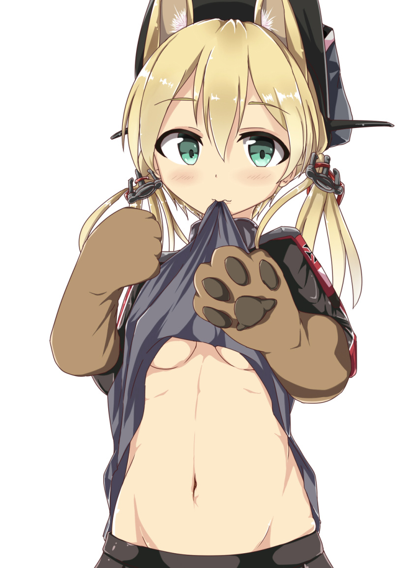 1girl animal_ears blonde_hair breasts cat_ears cat_paws green_eyes hair_ornament hat highres kantai_collection kemonomimi_mode looking_at_viewer military military_hat military_uniform mouth_hold navel numahata_tofu. paws peaked_cap prinz_eugen_(kantai_collection) shirt_lift solo twintails under_boob uniform