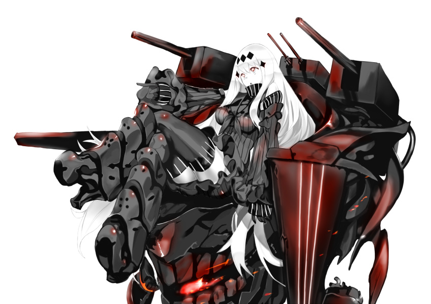 1girl aircraft_carrier_water_oni armored_boots bare_shoulders black_dress bluekalmia breasts crossed_legs detached_sleeves dress frilled_sleeves frills hair_ornament kantai_collection long_hair machinery neckerchief pointing red_eyes ribbed_dress sailor_collar sailor_dress shinkaisei-kan sitting solo thigh-highs very_long_hair white_hair white_skin