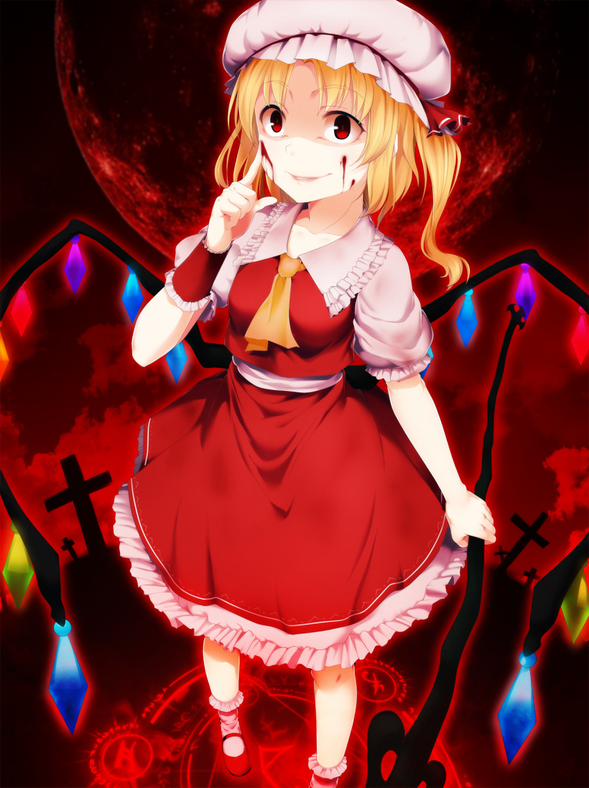 1girl ascot blonde_hair blood blood_on_face bobby_socks cross dress eventh7 flandre_scarlet hat highres holding laevatein looking_at_viewer mary_janes moon red_eyes shoes side_ponytail smile smirk socks solo touhou wings