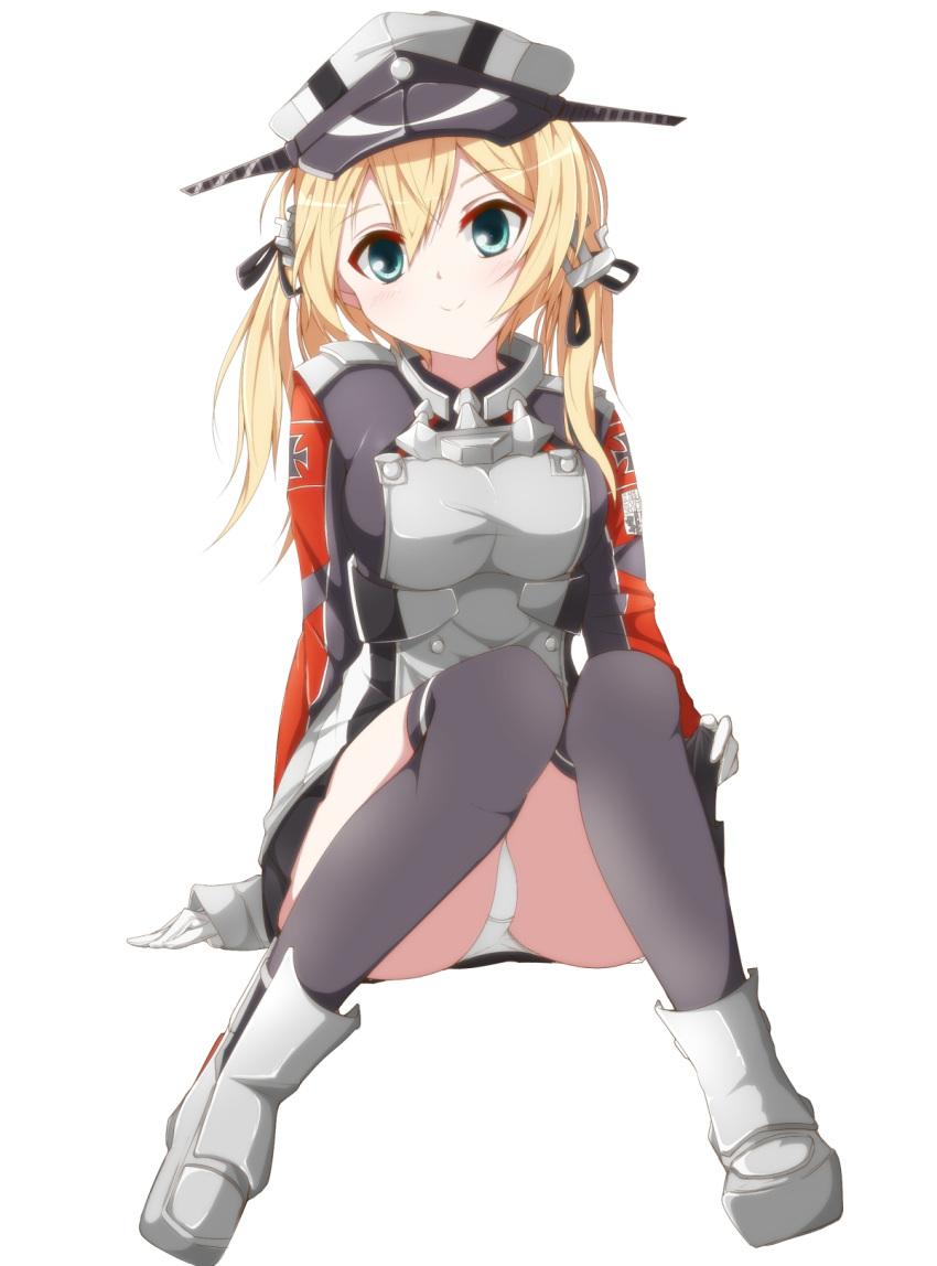 1girl arm_support black_legwear black_skirt blonde_hair boots green_eyes hat highres iron_cross kantai_collection knees_together_feet_apart long_sleeves looking_at_viewer microskirt military military_hat military_uniform panties pantyshot pantyshot_(sitting) peaked_cap pleated_skirt prinz_eugen_(kantai_collection) simple_background sitting skirt smile solo thigh-highs underwear uniform usamimi_(usamimiok) white_background white_panties