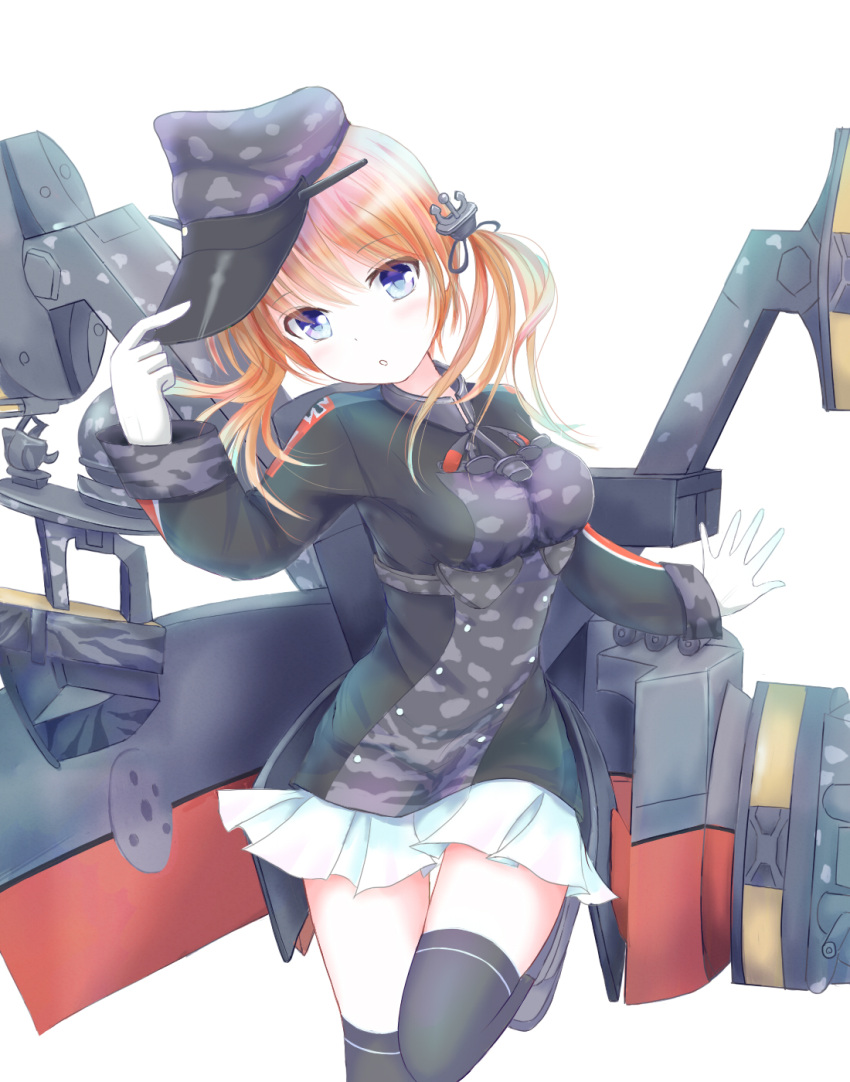 1girl anchor_hair_ornament black_legwear blonde_hair blue_eyes camouflage cowboy_shot gloves hat hat_tip highres kantai_collection long_sleeves looking_at_viewer machinery microskirt military military_hat military_uniform one_leg_raised peaked_cap pleated_skirt prinz_eugen_(kantai_collection) shino_(shinderera) simple_background skirt solo thigh-highs twintails uniform white_background white_gloves white_skirt
