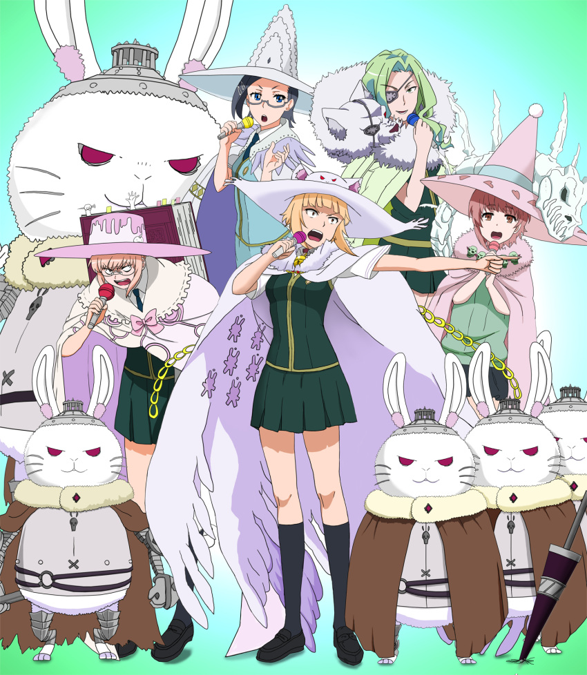 5girls animal_ears animal_hat armor bell bell_collar black_hair black_legwear blonde_hair blue_eyes book bow brown_eyes cape cat_ears cat_hat chain collar empty_eyes eyepatch glasses green_eyes green_hair grimoire hair_ornament hat heart highres katsura_kotetsu kazari_rin kneehighs kuraishi_tanpopo long_hair looking_at_viewer menowa_mei metal_s microphone multiple_girls necktie open_mouth pink_hair pleated_skirt rabbit red_eyes school_uniform semi-rimless_glasses shirt shoes short_hair short_sleeves singing skeleton skirt skull standing utsugi_kanna white_shirt witch witch_craft_works witch_hat wolf yellow_eyes