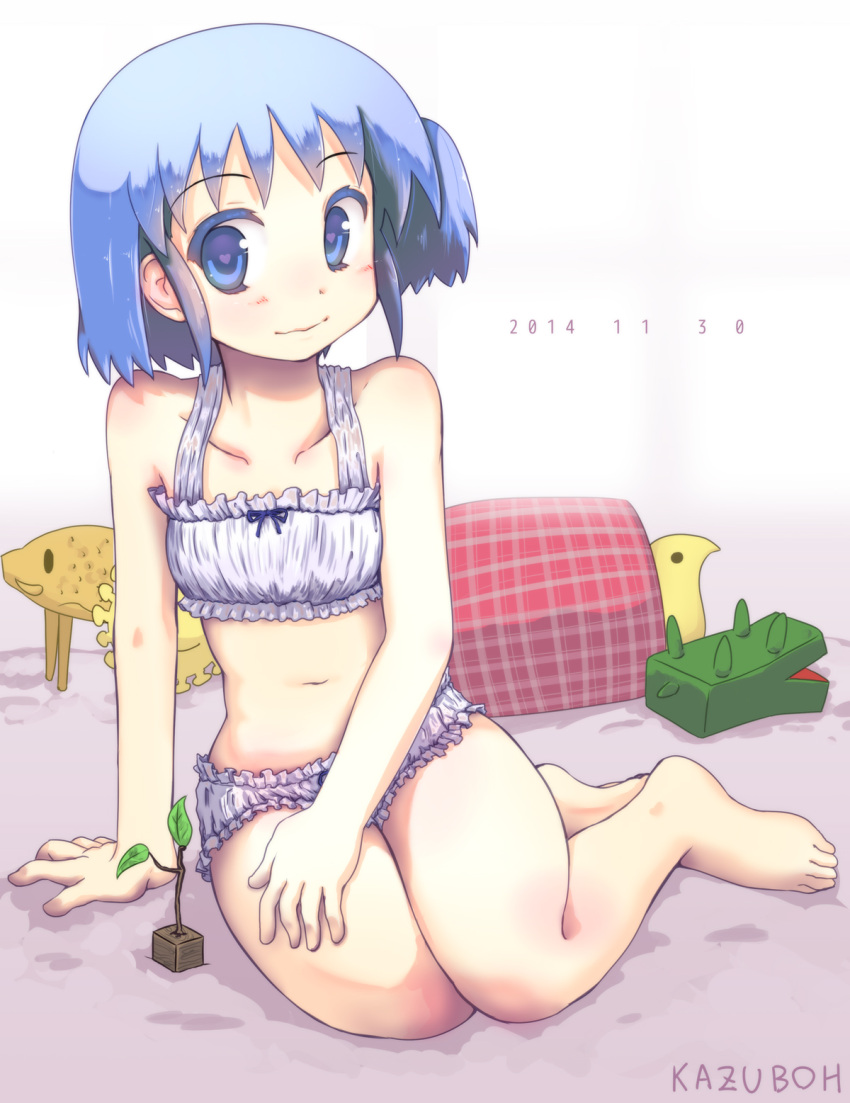 1girl blue_eyes blue_hair blush cinderella_bust heart heart-shaped_pupils highres kazuboh naganohara_mio navel nichijou panties short_hair side_ponytail sitting solo symbol-shaped_pupils underwear underwear_only yokozuwari