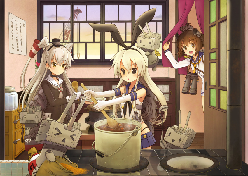 &gt;:o &gt;_&lt; 3girls :d :o amatsukaze_(kantai_collection) bare_shoulders binoculars black_bow blonde_hair blue_skirt bow brown_eyes brown_hair cooking cooking_pot crop_top curry eijima_moko elbow_gloves food gloves hair_bow hair_ornament hair_tubes hairband headgear highleg kantai_collection kitchen ladle long_hair microskirt multiple_girls neckerchief open_mouth pleated_skirt rensouhou-chan rensouhou-kun sailor_collar sailor_dress shimakaze_(kantai_collection) short_hair silver_hair skirt smile triangle_mouth two_side_up white_gloves yukikaze_(kantai_collection)