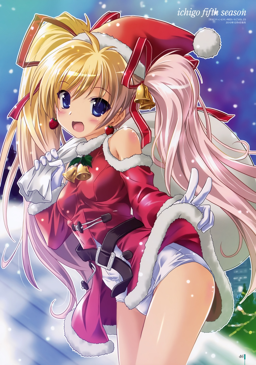 1girl :d absurdres bare_shoulders bell blonde_hair blue_eyes blush christmas earrings gloves hagano_ichigo hair_bell hair_ornament hair_ribbon hat highres holding jewelry komatsu_eiji long_hair looking_at_viewer multicolored_hair one-piece_swimsuit open_mouth original outline pink_hair ribbon sack santa_hat scan school_swimsuit smile solo swimsuit swimsuit_under_clothes twintails white_gloves white_school_swimsuit white_swimsuit
