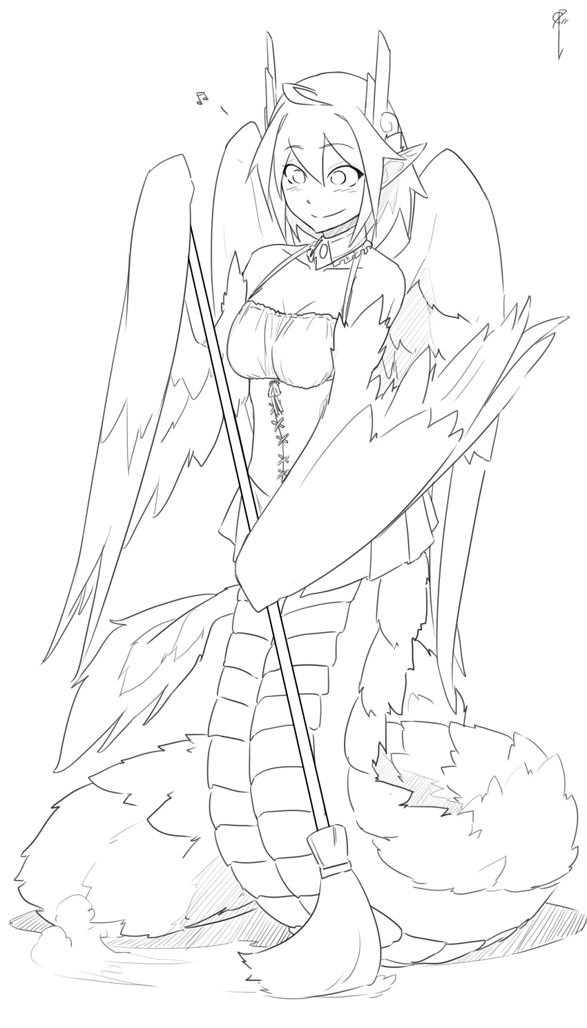 1girl absurdres ahoge breasts broom cleavage detached_collar feathered_wings full_body highres humming lamia less monochrome monster_girl monster_girl_encyclopedia multiple_wings pointy_ears quetzalcoatl_(monster_girl_encyclopedia) scales shadow sketch smile solo sweeping wings