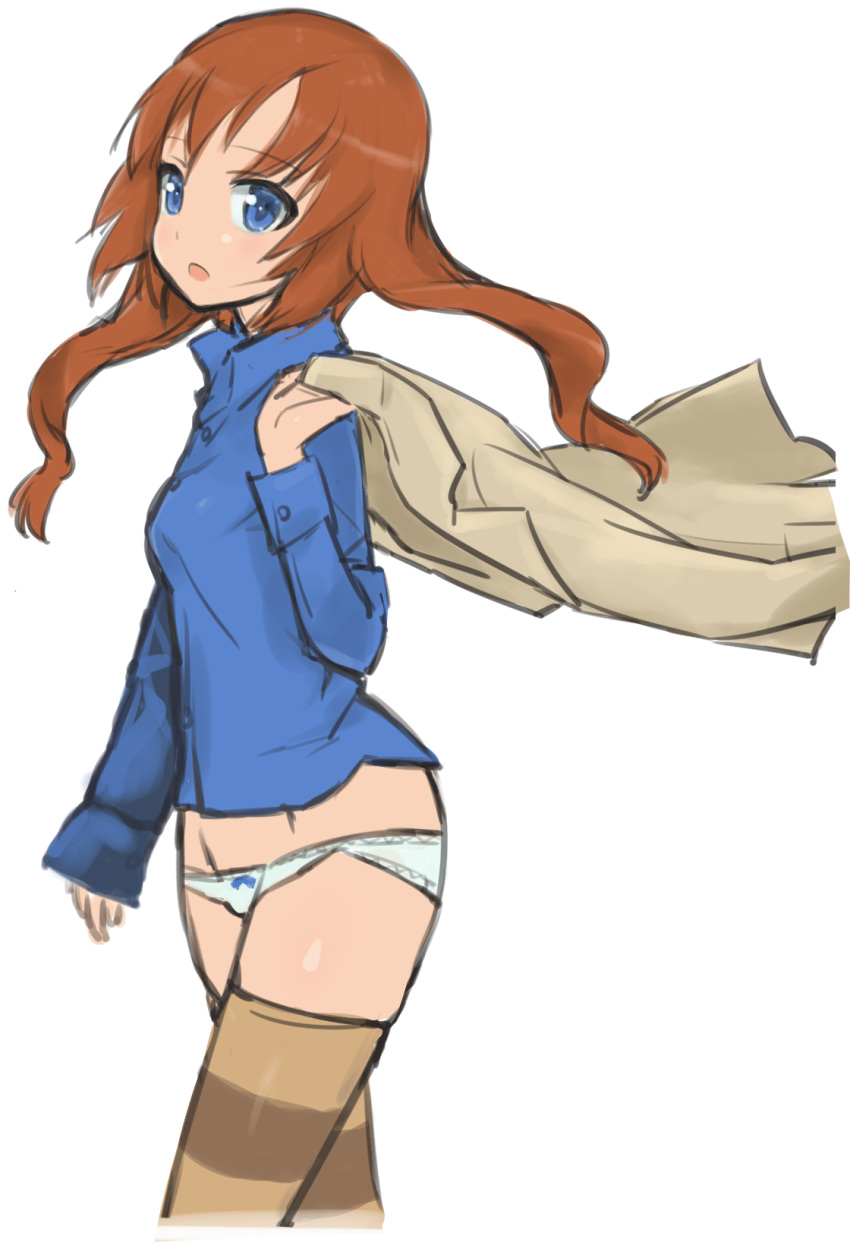 1girl amefre blue_bow blue_eyes blush bow bow_panties brown_legwear cowboy_shot cropped_legs dress_shirt highres holding jacket long_hair long_sleeves open_mouth orange_hair over_shoulder panties patricia_schade shirt simple_background sketch solo strike_witches striped striped_legwear thigh-highs underwear white_background white_panties