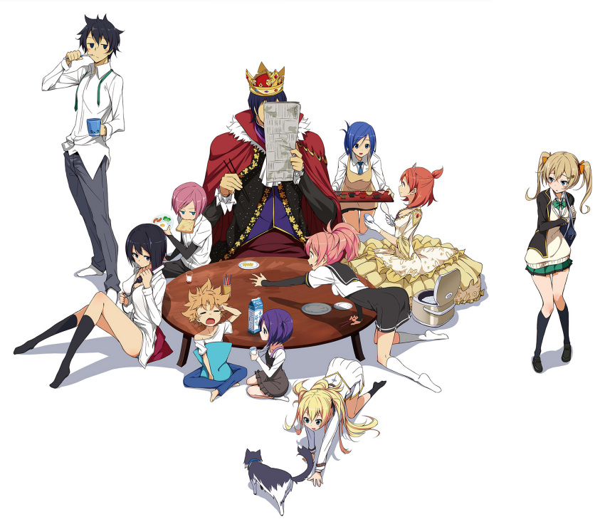 4boys 6+girls annotated black_hair blonde_hair blue_eyes blue_hair brothers brown_hair cape chopsticks crown cup dress family father_and_daughter father_and_son food food_in_mouth gloves green_eyes highres joukamachi_no_dandelion kasuga_ayumu_(haruhipo) long_hair mother_and_daughter mother_and_son mouth_hold mug multiple_boys multiple_girls orange_hair pink_hair ponytail purple_hair rice rice_cooker rice_spoon sakurada_aoi sakurada_haruka sakurada_hikari sakurada_kanade sakurada_misaki sakurada_satsuki sakurada_shiori sakurada_shuu sakurada_souichirou sakurada_teru satou_hana school_uniform serafuku short_hair siblings sisters skirt toast toast_in_mouth toothbrush twintails