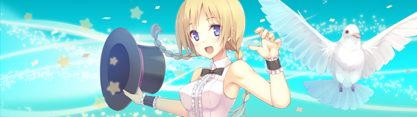 1girl :d armpits bird blonde_hair blue_eyes braid hat highres holding ihara_asta long_hair looking_at_viewer low_twintails open_mouth original pigeon smile top_hat twin_braids twintails wrist_cuffs