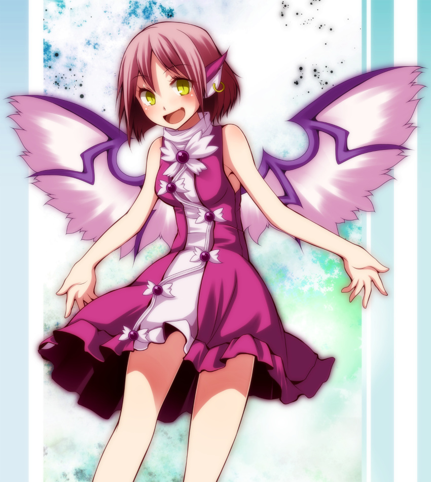 1girl animal_ears bare_arms bare_shoulders bird_wings dress ear_piercing fang highres mystia_lorelei no_hat open_mouth piercing pink_dress pink_hair s-syogo sleeveless sleeveless_dress slit_pupils smile solo touhou wings yellow_eyes