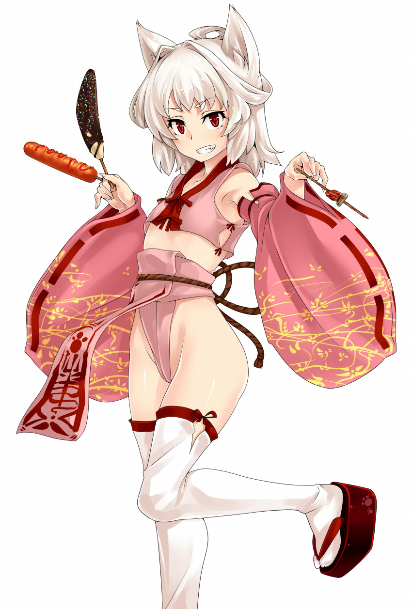 1girl absurdres animal_ears bangs blush chocolate_banana crop_top detached_sleeves flat_chest food grin hair_intakes highres holding holding_food japanese_clothes leg_up loincloth looking_at_viewer midriff original orochi_itto platform_footwear red_eyes sandals sausage short_hair simple_background skewer smile solo thigh-highs white_background white_hair white_legwear wide_sleeves