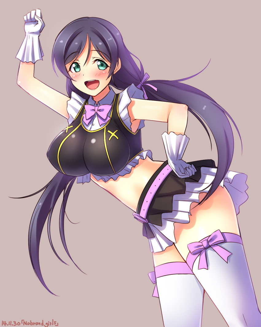 1girl aqua_eyes breasts clenched_hand crop_top gloves hand_on_hip highres impossible_clothes large_breasts long_hair looking_at_viewer love_live!_school_idol_project midriff miniskirt pleated_skirt purple_hair skirt thigh-highs toujou_nozomi twintails very_long_hair white_gloves white_legwear yu-ta zettai_ryouiki