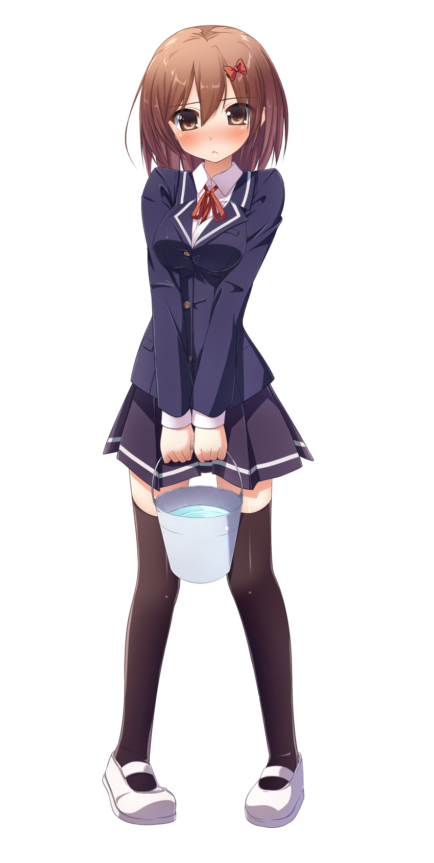 1girl absurdres bangs black_legwear blazer blush bow breasts brown_eyes brown_hair bucket bursting_breasts buttons full_body hair_bow highres holding long_sleeves looking_at_viewer original pastel-pastel pleated_skirt ribbon school_uniform shirt shoes skirt solo standing thigh-highs water white_background white_shirt zettai_ryouiki