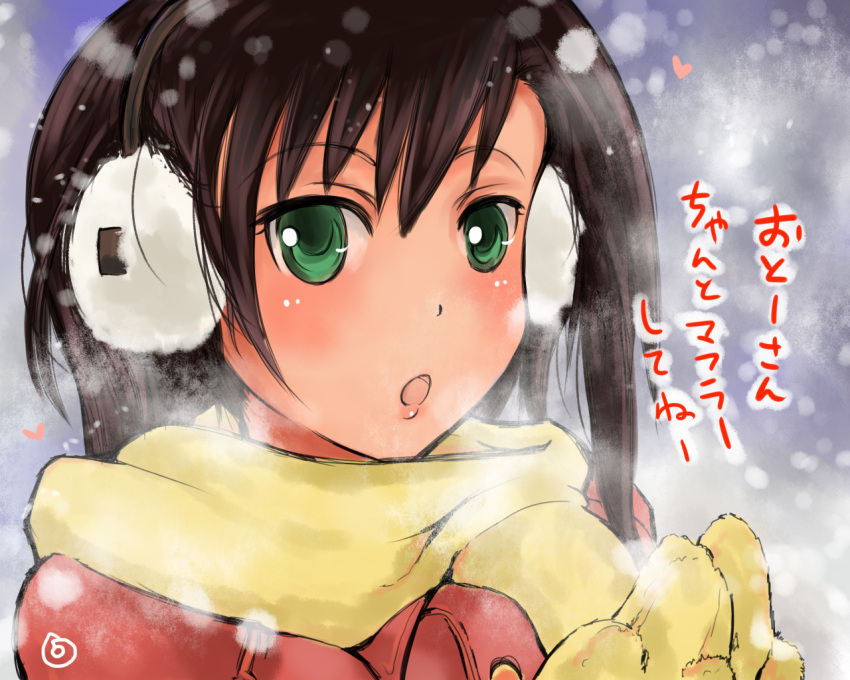 1girl blush brown_hair earmuffs federica_n_doglio green_eyes heart jacket lips long_hair long_sleeves mishiro_shinza open_mouth scarf snow solo strike_witches tan translation_request winter_clothes