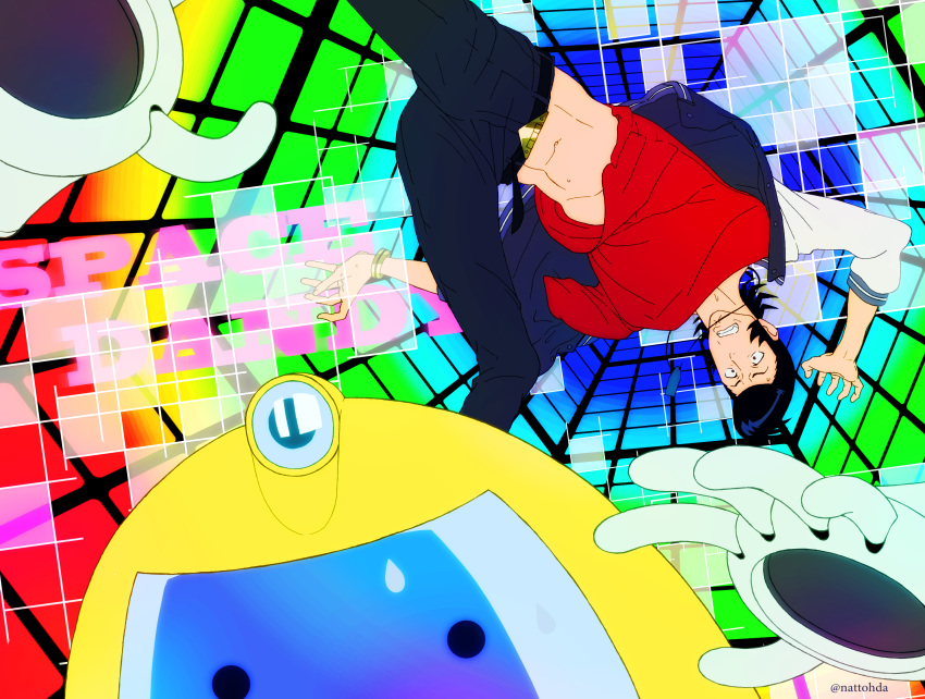 absurdres colorful dandy_(space_dandy) foreshortening highres male ozaki_(nattohda) pompadour qt_(space_dandy) robot space_dandy