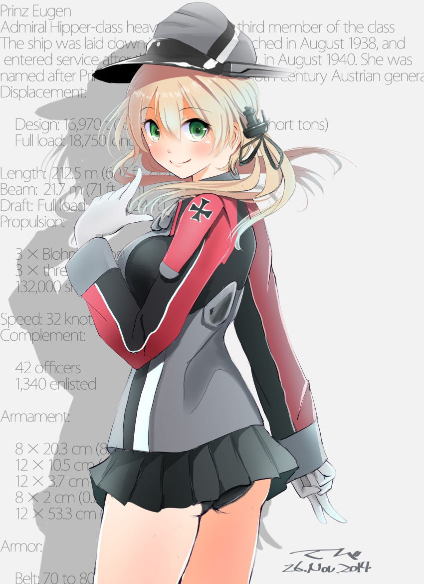 1girl anchor_hair_ornament black_panties blush breasts cowboy_shot dated english from_behind green_eyes grey_background hat highres kantai_collection long_hair looking_at_viewer low_twintails microskirt panties pantyshot pantyshot_(standing) peaked_cap prinz_eugen_(kantai_collection) shadow signature skirt smile solo standing tbd11 twintails underwear white_background