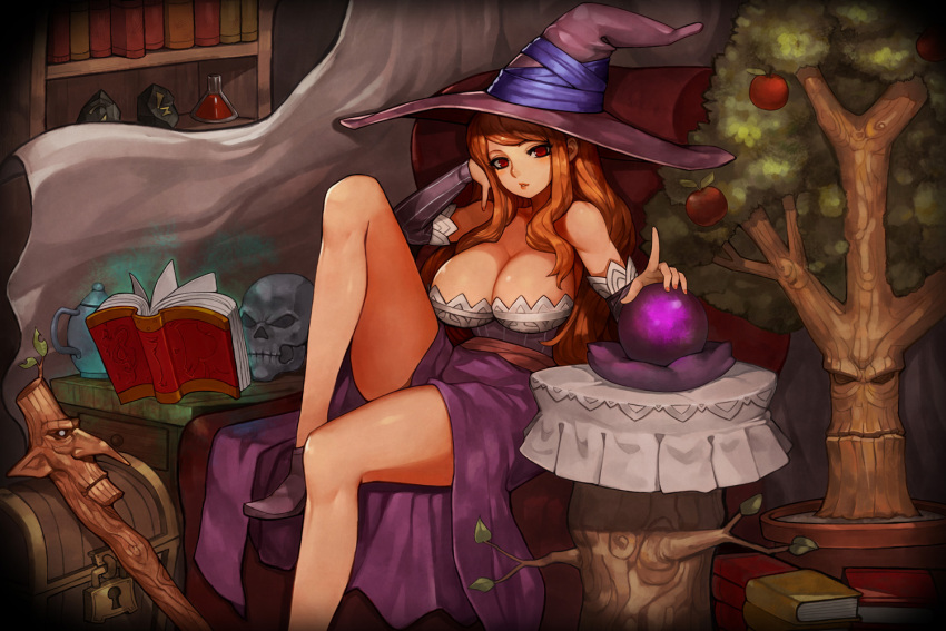 1girl apple bare_shoulders book bookshelf breasts brown_hair cleavage crystal_ball detached_sleeves dragon's_crown dress erlenmeyer_flask food fruit gurimjang hat index_finger_raised large_breasts long_hair looking_at_viewer open_book red_eyes shoes sitting skull solo sorceress_(dragon's_crown) treasure_chest tree witch witch_hat