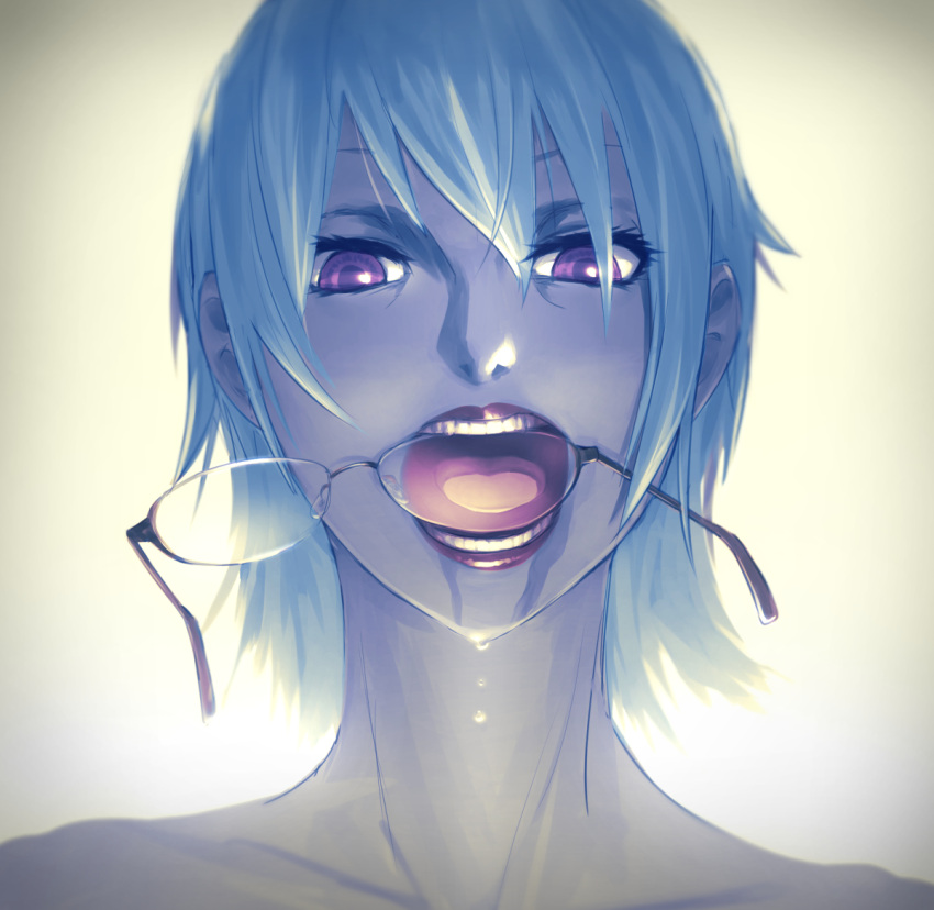 1girl blue_hair drooling drop face glasses glasses_in_mouth glasses_removed looking_at_viewer mouth_hold noname_(metaldragonfly) open_mouth original portrait saliva short_hair solo teeth tongue violet_eyes