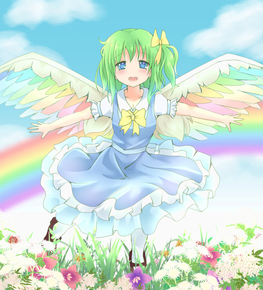 1girl angel_wings blue_eyes bow daiyousei flower green_hair hair_bow highres mickeysmith open_mouth outstretched_arms rainbow side_ponytail solo touhou wings