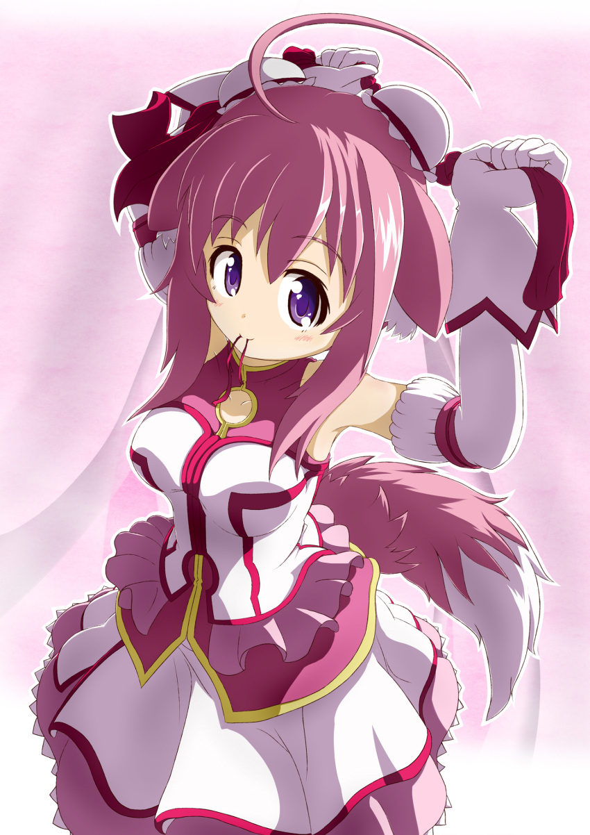 1girl adjusting_hair ahoge animal_ears blush breasts dog_days dog_ears dog_tail double_bun gloves highres long_hair looking_at_viewer millhiore_f_biscotti simple_background smile solo syumashi tail violet_eyes white_background white_gloves