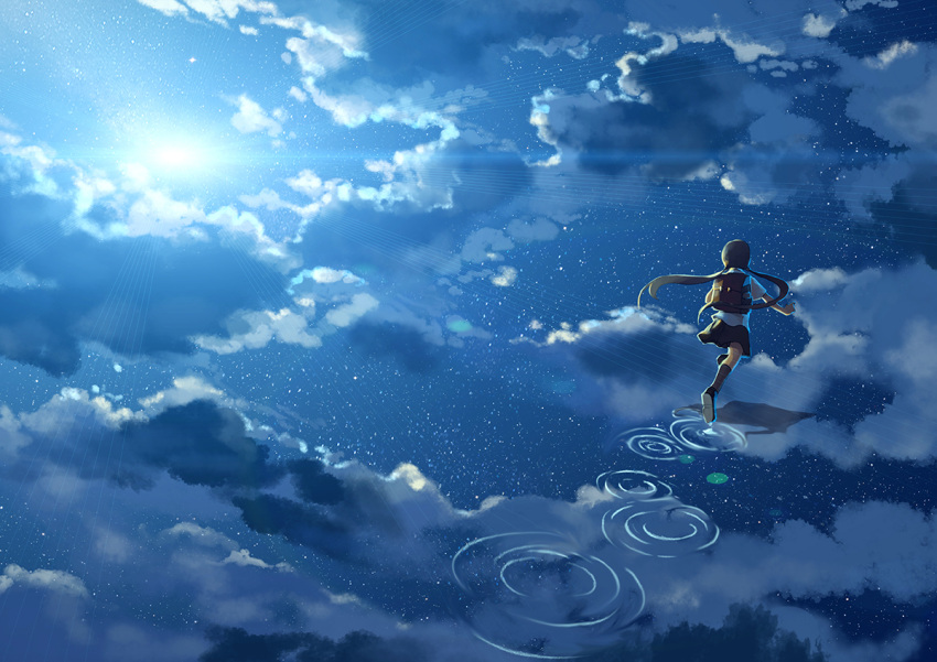 1girl backpack bag clouds commentary kklaji008 light_rays long_hair night original ripples running scenery shadow skirt sky solo star_(sky) starry_sky twintails walking walking_on_water