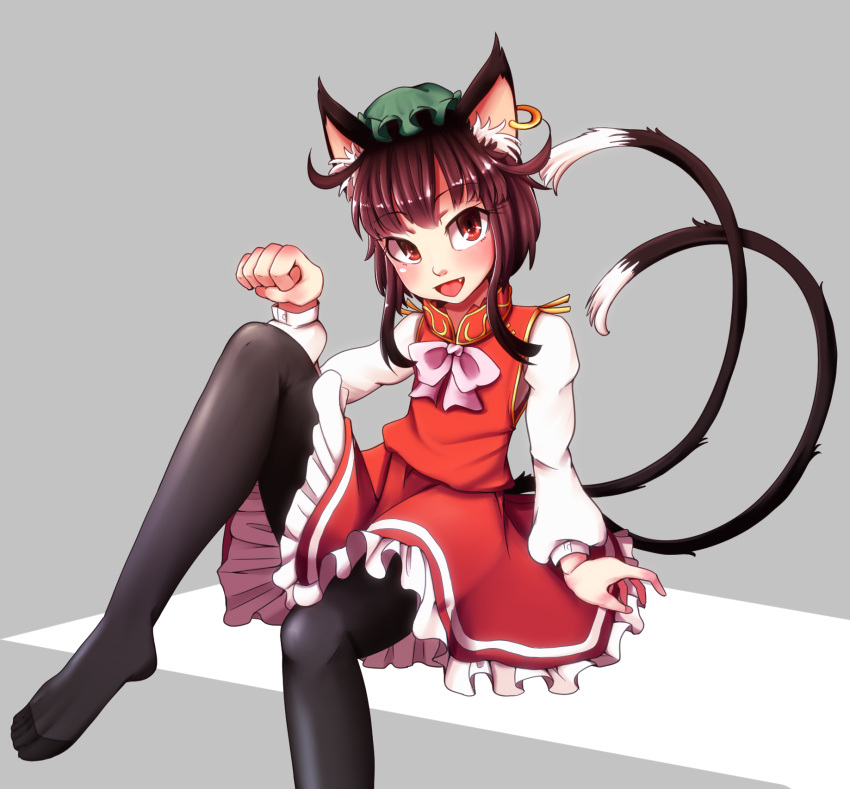 1girl animal_ears black_legwear bow brown_eyes brown_hair cat_ears cat_tail chen dress ear_piercing fang highres jewelry leg_up long_sleeves mob_cap multiple_tails open_mouth pantyhose paw_pose piercing red_dress shirt single_earring sitting sitting_on_lap sitting_on_person smile solo tail tosi touhou