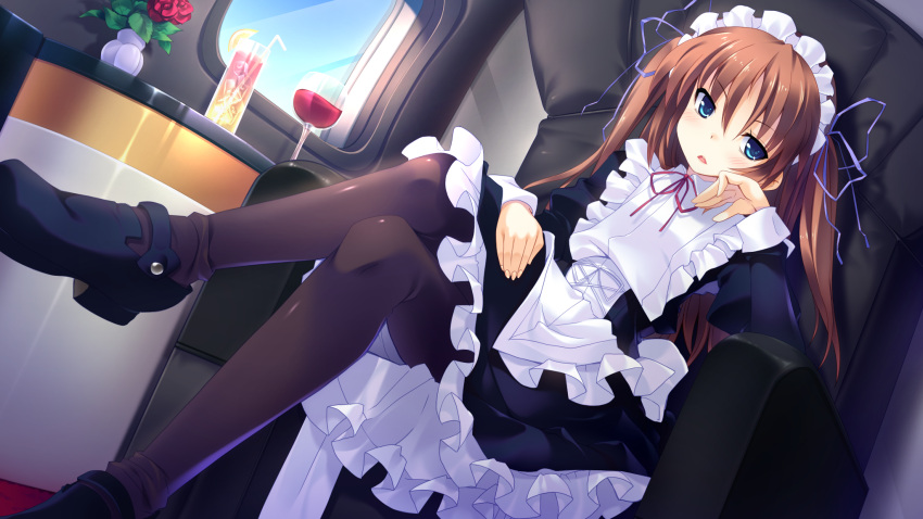 1girl aqua_eyes armchair black_legwear brown_hair chair crossed_legs cup d: drink drinking_glass flower food fruit game_cg guardian_place hair_ribbon hand_on_own_cheek highres ice_cube lemon long_hair maid maid_headdress ootori_aoi open_mouth pantyhose ribbon shoes sitting solo straw tsurugi_hagane two_side_up vase wine_glass