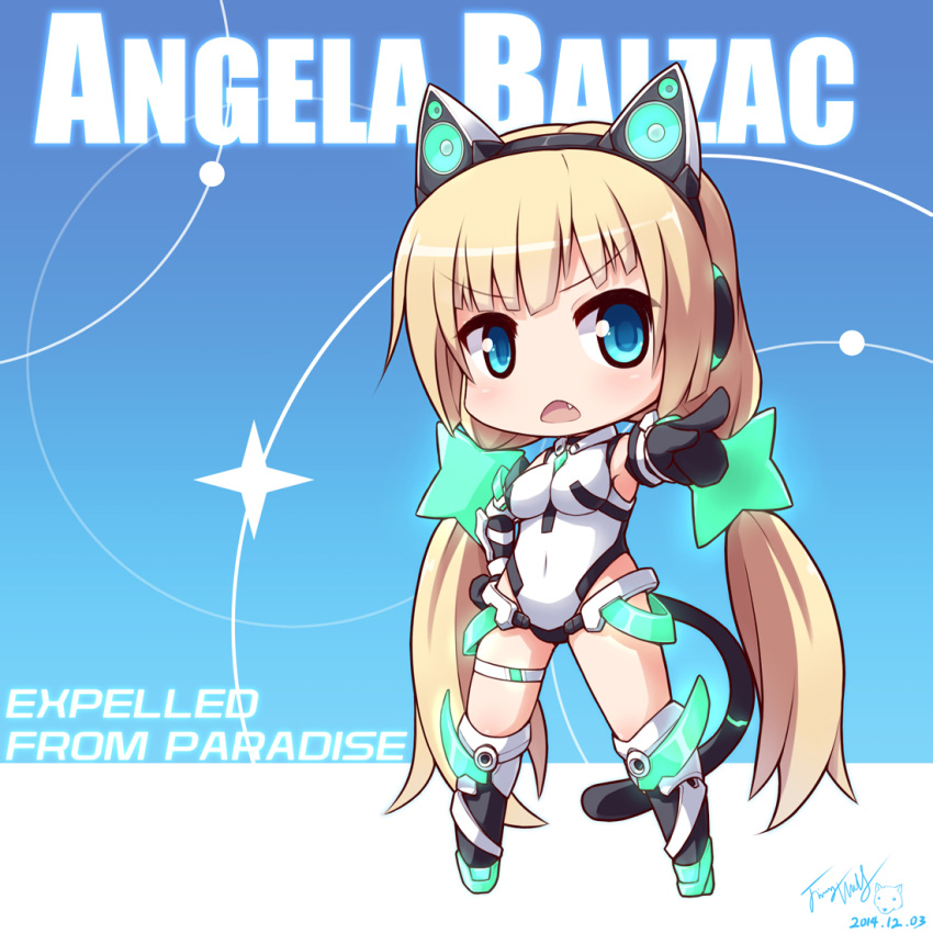 1girl angela_balzac axent_wear blonde_hair blue_eyes bodysuit cat_tail chibi elbow_gloves expelled_from_paradise gloves headphones langbazi leotard long_hair solo tail thigh_strap twintails