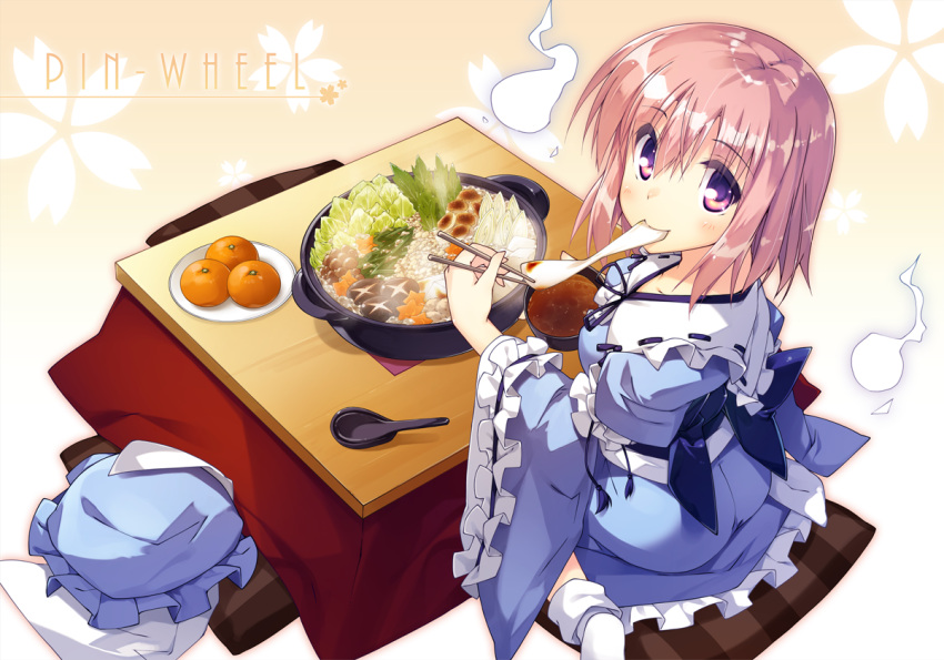 1girl cushion eating food from_above fruit hat hat_removed headwear_removed kotatsu looking_at_viewer looking_up mandarin_orange mob_cap mochi nabe pink_eyes pink_hair saigyouji_yuyuko short_hair sitting solo t-ray table touhou wagashi wariza