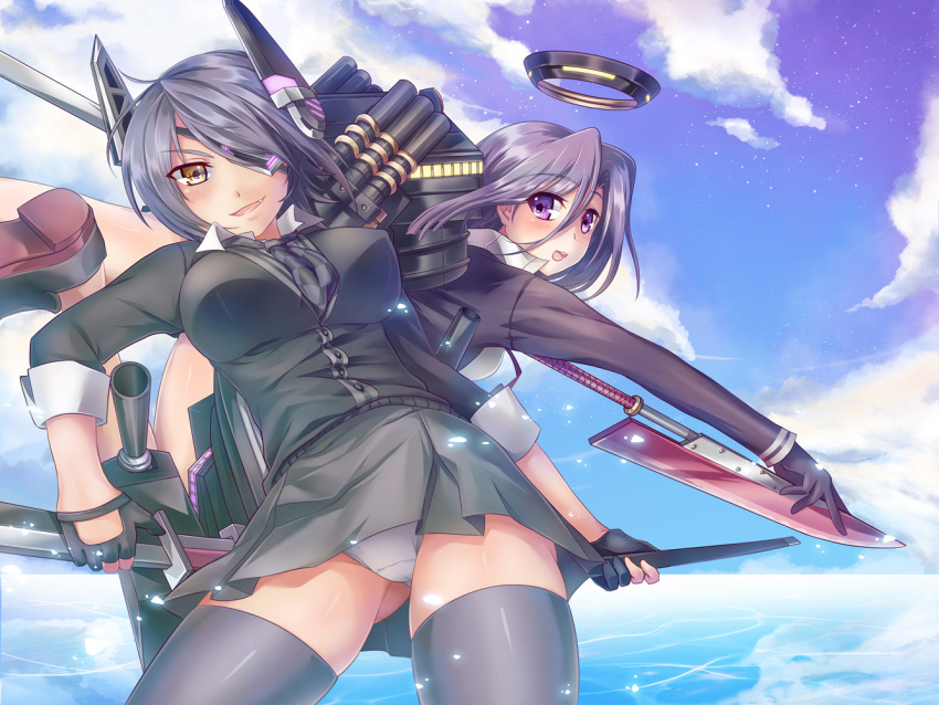 2girls black_gloves black_legwear black_skirt blue_sky breasts cardigan clouds collared_shirt contrapposto cowboy_shot diving eyepatch fingerless_gloves flying glaive gloves headgear kantai_collection kittika_thaworn large_breasts leaning_back long_sleeves looking_at_viewer looking_to_the_side machinery mechanical_halo microskirt multiple_girls necktie ocean open_mouth panties pantyshot pantyshot_(standing) plaid plaid_necktie pleated_skirt purple_hair sheath sheathed shoes short_hair skirt sky sleeves_folded_up smile standing sword tatsuta_(kantai_collection) tenryuu_(kantai_collection) thigh-highs underwear violet_eyes weapon white_panties yellow_eyes