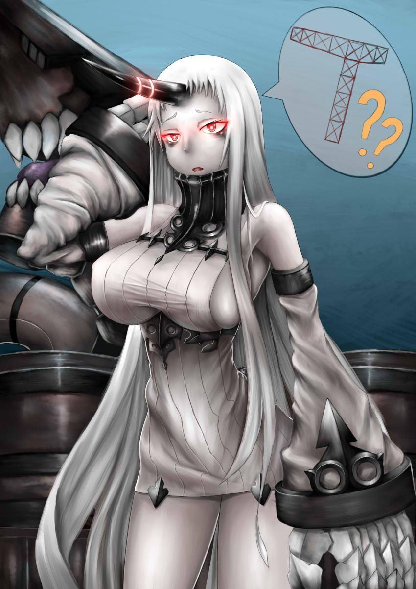 1girl ?? absurdres bare_shoulders breasts claws dress hei1905 highres horn kantai_collection large_breasts long_hair pale_skin red_eyes ribbed_dress seaport_hime shinkaisei-kan short_dress sweater very_long_hair white_hair