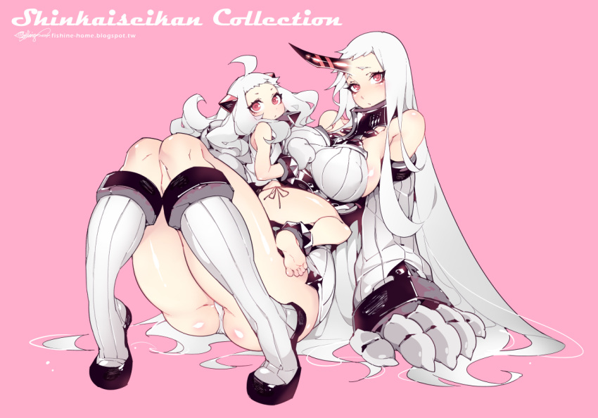ahoge barefoot breasts claws detached_sleeves fishine horn horns huge_breasts kantai_collection long_hair looking_at_viewer mittens northern_ocean_hime pale_skin panties pantyshot pantyshot_(sitting) red_eyes seaport_hime shinkaisei-kan side-tie_panties silver_hair sitting sitting_on_person size_difference underwear watermark web_address