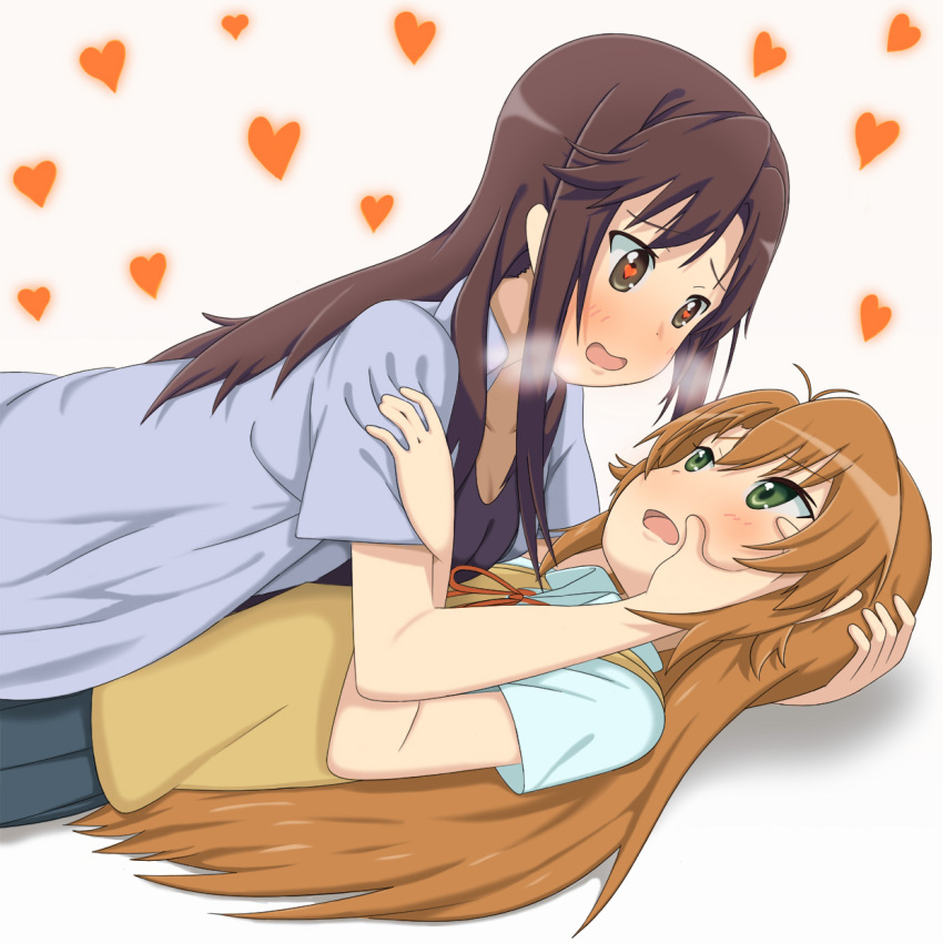 2girls brown_eyes brown_hair girl_on_top green_eyes highres ichijou_hotaru koshigaya_komari long_hair looking_at_another multiple_girls non_non_biyori school_uniform uta_(saikyouno-gesuyarou) yuri